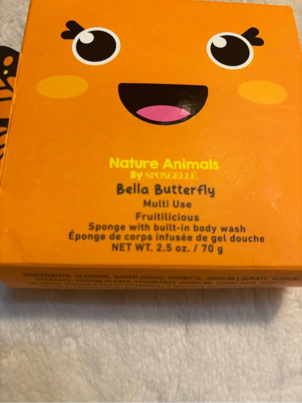NEW Spongelle Bella Butterfly Kids Bath Sponge Orange Built-In Body Wash Fruity